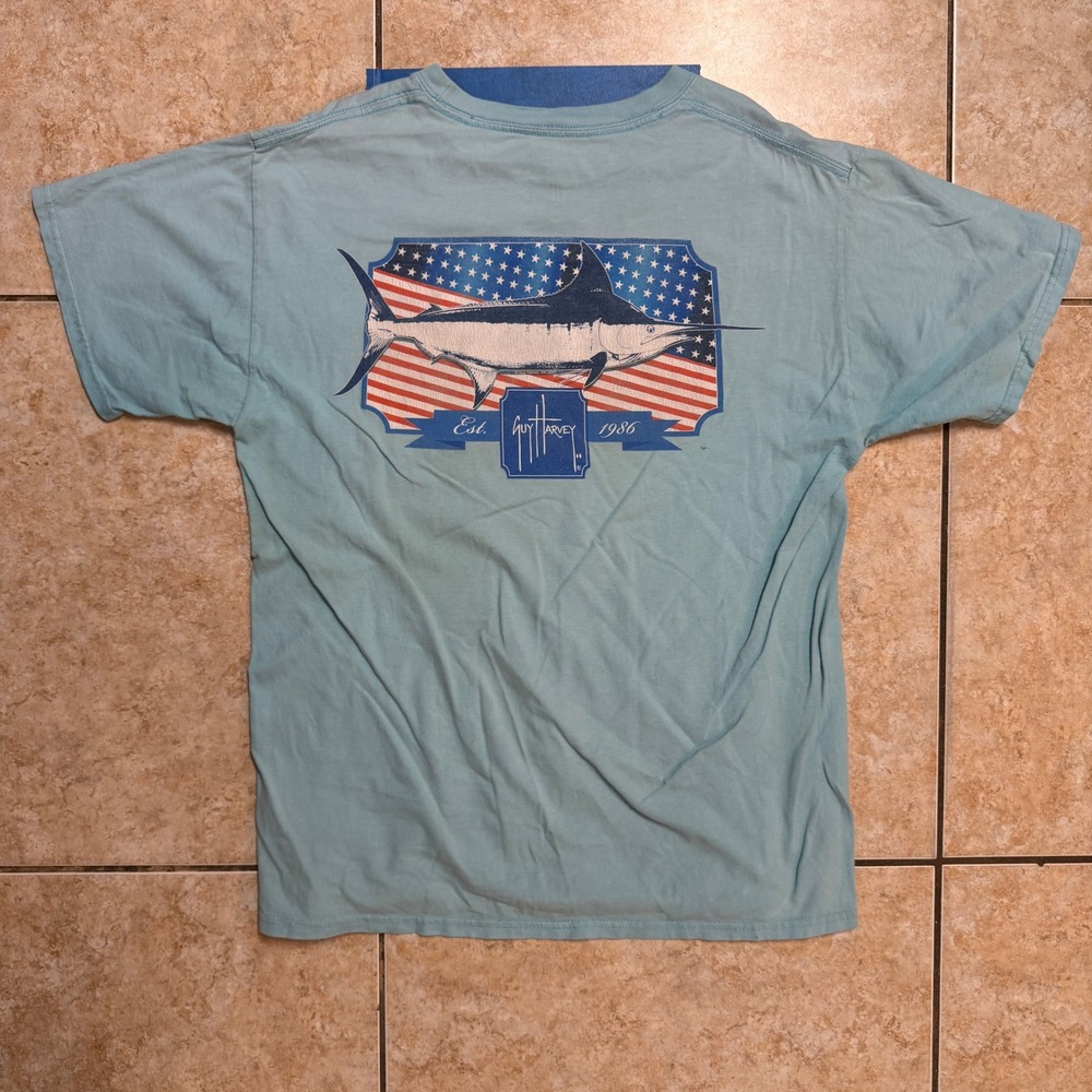 Guy Harvey Mens‎ Blue Marlin Graphic T-Shirt Short Sleeve Pocket Tee